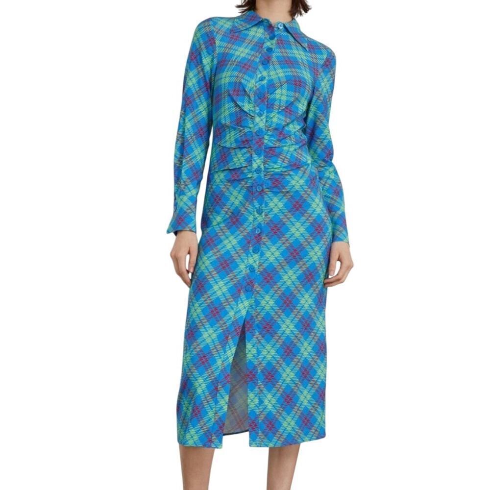 KITRI Lennox Blue Check Ruched Shirt Dress Size US 12 / UK 16